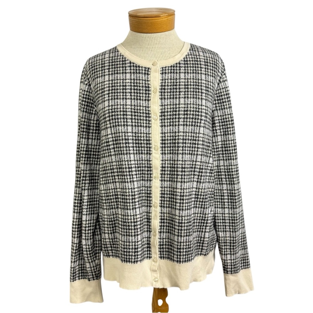 LOFT Large Black Cream Lilac Plaid Cardigan Preppy